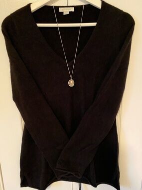 Garnet Hill 100% Cashmere V-Neck Long Sleeve Sweater roll cuffs / waistband XS